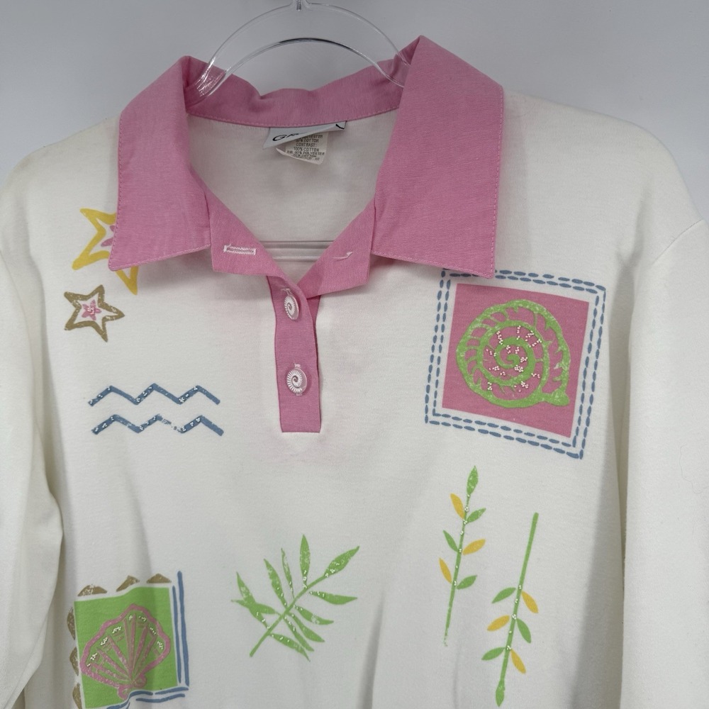 VTG 90s Beach Coastal Preppy White Pink Graff Collared Sweater Top Grandmacore - Picture 6 of 16